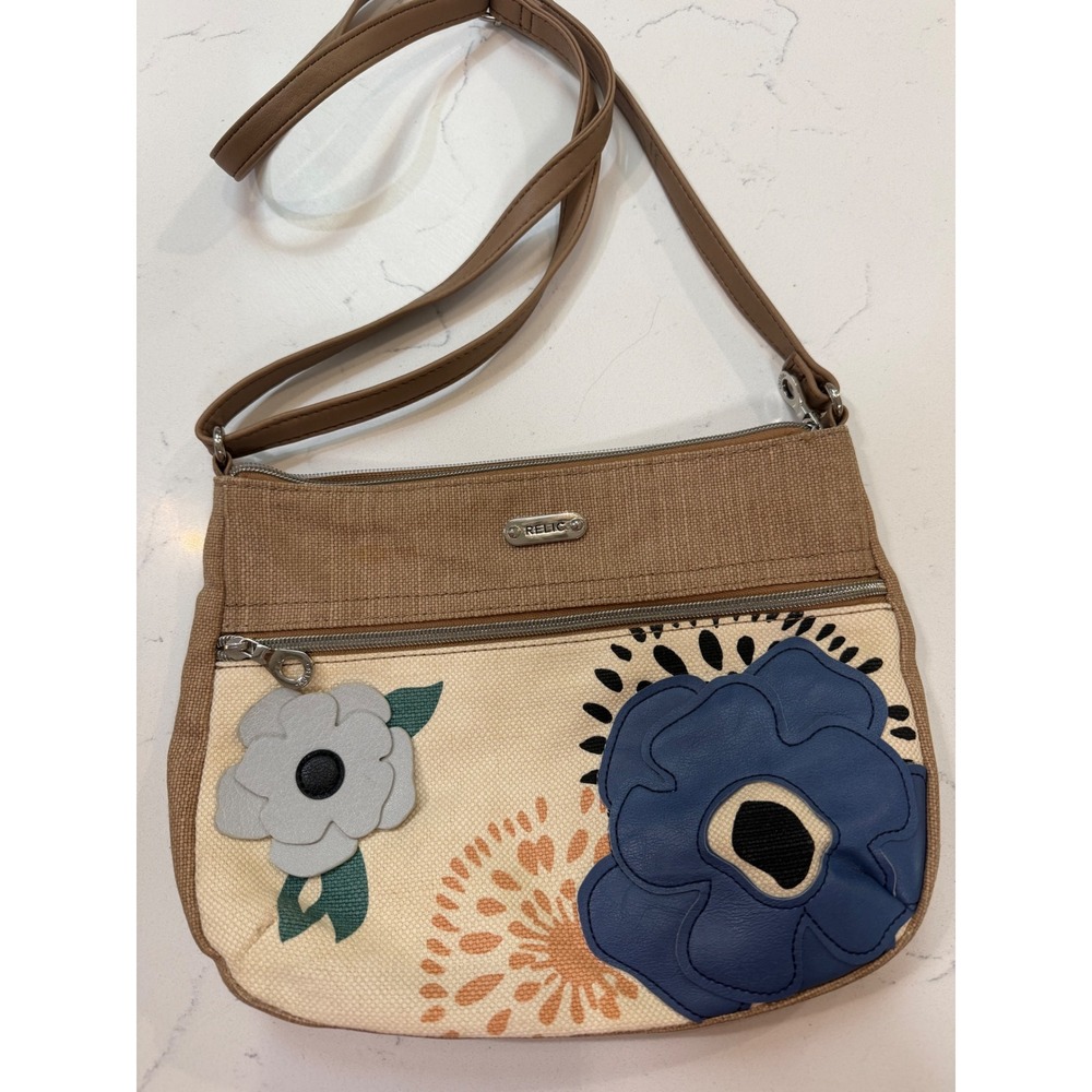 Relic Canvas Floral Applique Crossbody Bag Brown Blue Tan Boho Messenger Purse